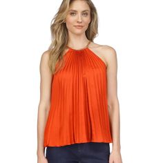 Brand New Size Small Michael Kors Top With Chain Neckline Color Is Terracotta Something Like A Mix Between Crimson Red And Burnt Orange. Great For Fall And The Holidays Silk/Polyester Like Material Casual Orange Sleeveless Halter Top, Red Halter Neck Tank Top For Spring, Orange Tank Top For Spring Party, Spring Party Orange Tank Top, Spring Orange Party Tank Top, Orange Halter Neck Tank Top For Spring, Elegant Orange Summer Top, Elegant Orange Summer Tops, Orange Sleeveless Tops For Party