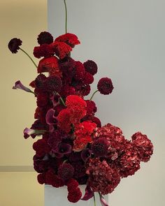 a vase filled with red and purple flowers