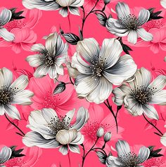 a pink background with white and black flowers