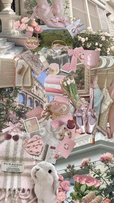 a collage of pink and white items with flowers in the background, including teddy bears