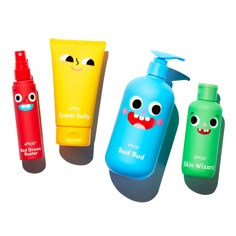 three different types of hand sanitizers with faces on them, one blue and one red