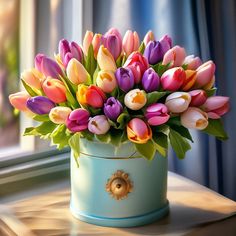 colorful tulips in a blue container on a window sill