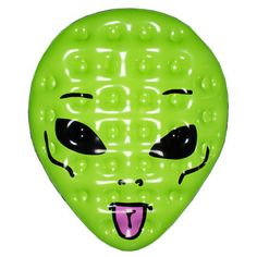 a green alien mask with black eyes and pink tongue