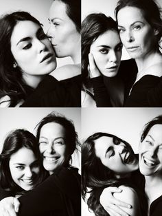 black and white photo collage of two women hugging each other with smiles on their faces