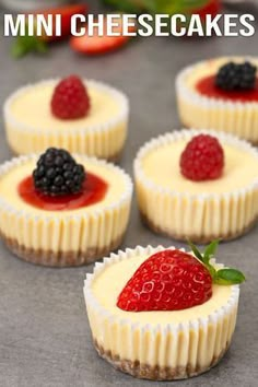 mini cheesecakes with berries on top and the title overlay reads mini cheesecakes