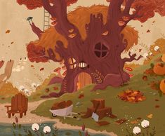 an illustration of a tree house in the middle of a field with trees growing out of it