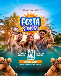 an event flyer for fiesta sunset with two people in the foreground and palm trees behind them