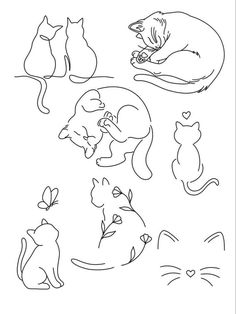 cats and kittens are sitting together in the same line drawing style, with one cat sleeping