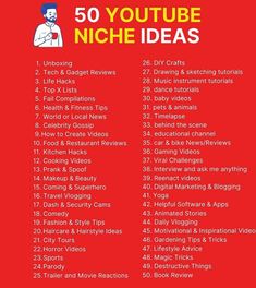 the 50 youtuber niche ideas list is shown in red and yellow with an image of a