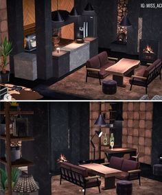 two screens show the same room in different stages of being decorated with furniture and decor