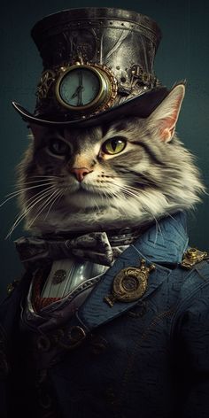 a cat wearing a top hat with a clock on it's head and collar