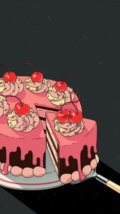 a pink cake with cherries on top and one slice missing