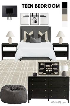 a bedroom is shown with black and white decor