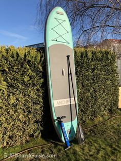 a surfboard leaning up against a hedge