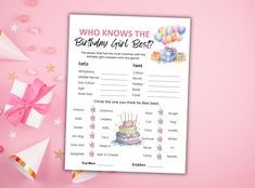 a birthday girl quiz game with balloons and presents on pink paper next to streamers