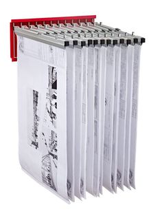 a red and white binder with several pages on top of each one, in front of a white background