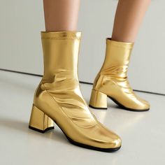 Shop Golden Block Heel Ankle Boots Square Toe Sock Boots for Women Plus Size color Golden for Anniversary, Going out, Hanging out, Party, Work with worldwide Free shipping & Free return. Gold Round Toe Heeled Boots For Fall, Gold Heeled Boots With Round Toe For Winter, Gold Heeled Boots With Round Toe For Fall, Gold Knee-high Boots For Fall, Gold Pointed Toe Boots For Fall, Gold High Ankle Boots For Party, Gold High Ankle Party Boots, Party Mid-calf Platform Boots For Winter, Mid-calf Platform Boots For Winter Party