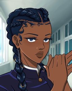 an animated image of a woman with braids on her head and hands in front of her face