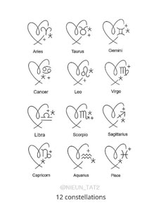 twelve zodiac signs in the shape of hearts with names and symbols for each zodiac sign