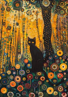 a painting of a cat sitting in the middle of a forest with flowers and trees