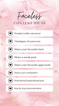 a pink background with text that says faceless content ideas