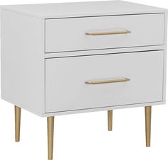 a white nightstand with two drawers and gold handles on the bottom, against a white background