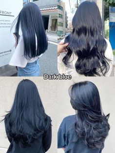 Colored Tips Hair Brunette, Blueberry Black Hair, Dark Blue Hair Color, Deep Blue Hair, Hair Color Dark Blue, 2024 Hair Trends For Women, 2024 Hair Trends, Korean Hair Color