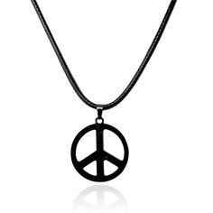 a necklace with a peace sign on the front and black cord attached to it's neck