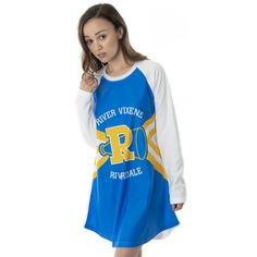 This is Riverdale merchandise! This Riverdale nightgown for women. It celebrates the hit CW TV series incorporating the classic Archie comics characters into a live-action show with a darker theme. The River Vixens are the cheerleading squad for Riverdale High School, which features members such as Cheryl Blossoms, Veronica Lodge, and Toni Topaz. This Riverdale River Vixen sleep shirt for women features an in-fabric Riverdale cheerleader design with the large R and bullhorn behind it. The front Riverdale Cheerleader, Riverdale High School, Archie Comics Characters, Toni Topaz, School Cheerleading, Cheerleading Squad, Comics Characters, Cheerleader Costume, Cheerleading Uniforms