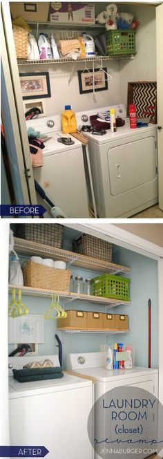 before and after pictures of a laundry room