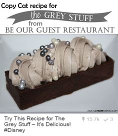 an advertisement for the grey stuff restaurant with chocolate cake and cream frosting on top