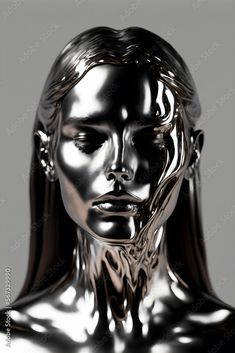 a silver mannequin with long hair and piercings on it's head