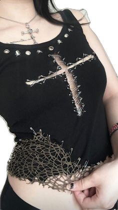 Goth Diy Shirt, Sewing Goth Clothes, Diy Rhinestone Shirt Ideas, Affliction Clothing Women Outfits, Upcycle Clothes Y2k, Grunge Upcycle Clothes, Goth T Shirt Outfit, Diy Goth Shirt, Back Of Shirt Design Ideas