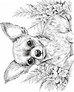 a black and white drawing of a dog with flowers