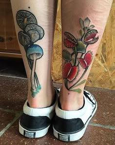 two tattoos on both legs with mushrooms and flowers