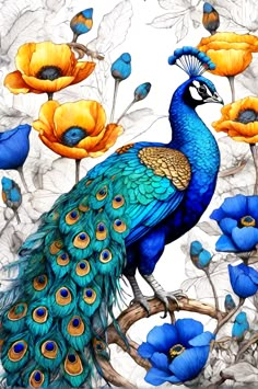 a painting of a peacock sitting on a tree branch with flowers in the background,