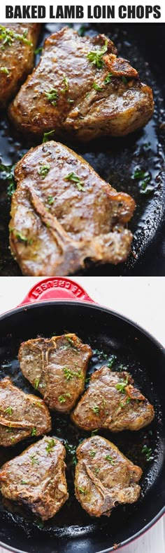 steaks being cooked in a skillet with the words baked lamb loin chops