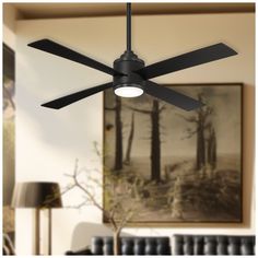 a black ceiling fan in a living room