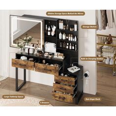 the contents of a dressing table with drawers and mirror on it, labeled in different parts