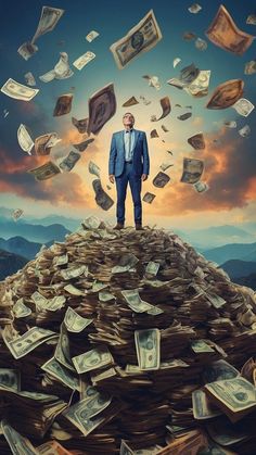 a man standing on top of a pile of money in front of a cloudy sky