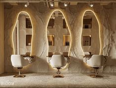 three white chairs in front of a wall with mirrors on it and lights hanging from the ceiling