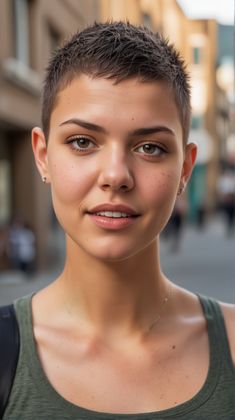 This style represents a bold leap, blending the precision of a buzz cut with the soft versatility of a bob. The High and Tight Buzz Cut is especially suitable for those seeking a low-maintenance, yet chic appearance. It’s ideal for women with fine hair or those living a high-energy lifestyle where convenience is key Super Short Bob Haircut, Feminine Buzz Cut, Short Hair Cuts For Women Pixie, Buzz Cuts For Women, Androgynous Hairstyles, Short Buzzed Hair, Layered Bob Haircuts For Women, Bald Women Fashion