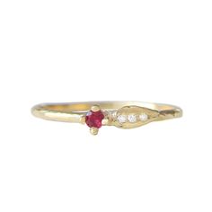 Handcrafted ring. "What is planted in each person's soul will sprout." - Rumi. Ruby measures 2mm. Three white round brilliant accent diamonds 0.015cts. Sapphire And Ruby Ring, Gold Leaf Ring, Ring With Ruby, Gold Leaf Rings, Colored Engagement Rings, Rings Diamond, Gemstone Engagement, Leaf Ring, Bridal Bands