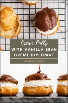 cream puffs with vanilla bean creme diplomat on a cooling rack