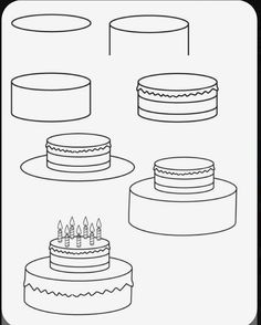 four cakes with candles on top and one cake in the middle, all lined up