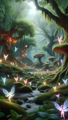 a forest with lots of butterflies flying around