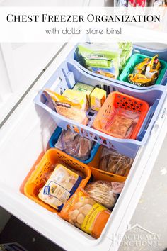 an organized refrigerator with freezer organization bins and food in the bottom drawer, labeled chest freezer organization