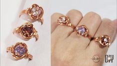 Making rose prong ring | diamond faceted stone | easy DIY jewelry with wire 1041 Diy Jewelry With Wire, Diy Stone Rings, Jewelry With Wire, Wire Wrapped Jewelry Rings, Handmade Rings Tutorial, Wire Rings Tutorial, Diy Wire Rings, Making Rings