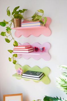 three shelves with books and plants on them