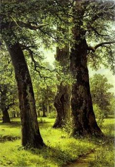 a painting of some trees in the grass